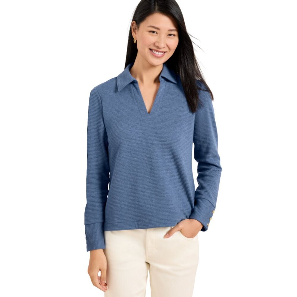 Talbots Ribbed Polo V-Neck Sweater Small Cornflower Blue Cotton Preppy Knit - Picture 1 of 14
